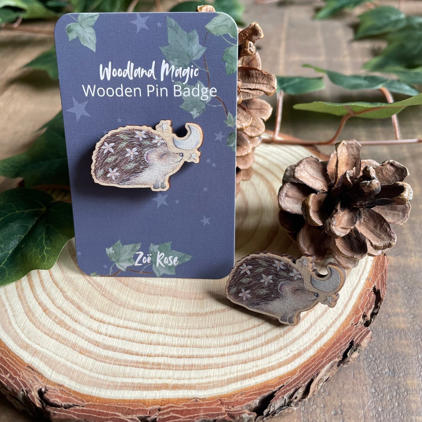 Hedgehog Moon Wooden Pin Badge