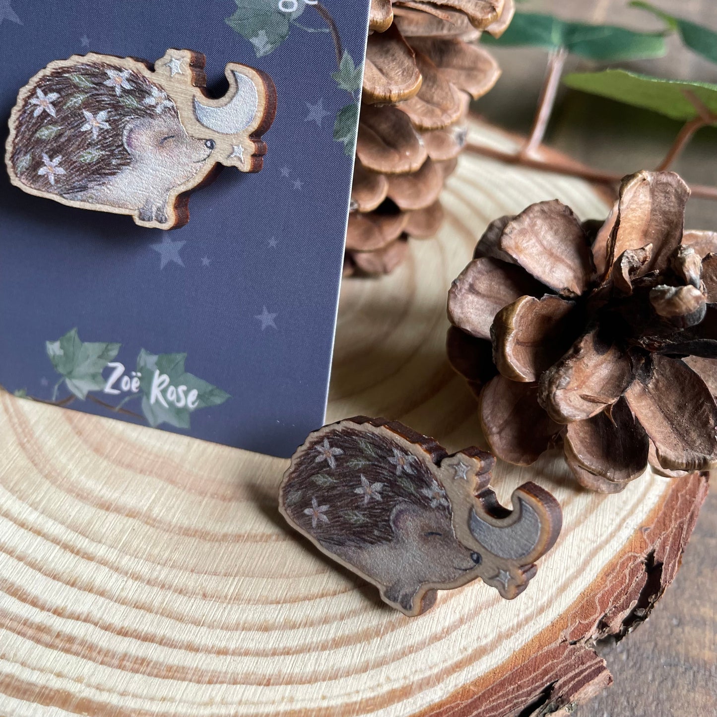 Hedgehog Moon Wooden Pin Badge