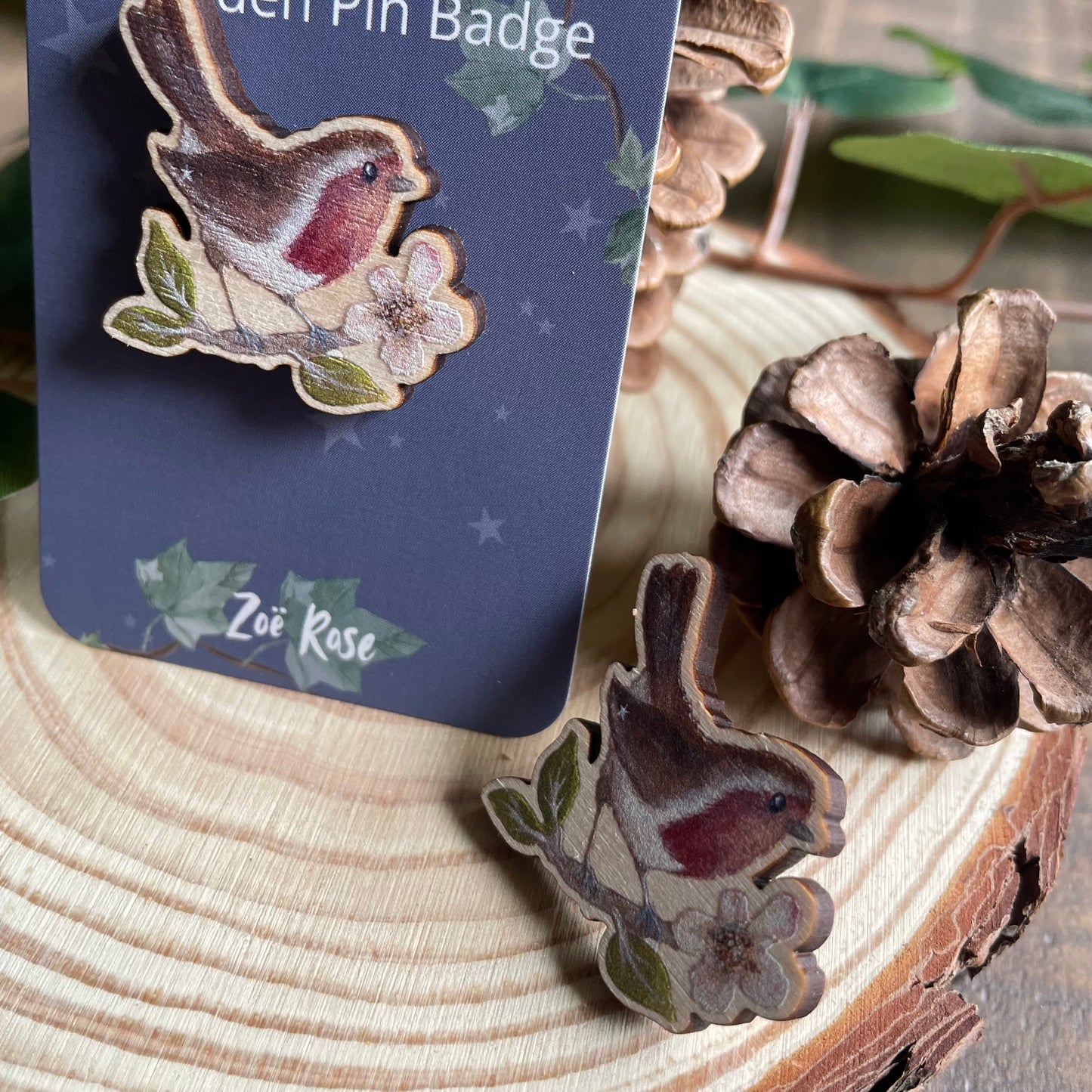 Robin Wooden Pin Badge