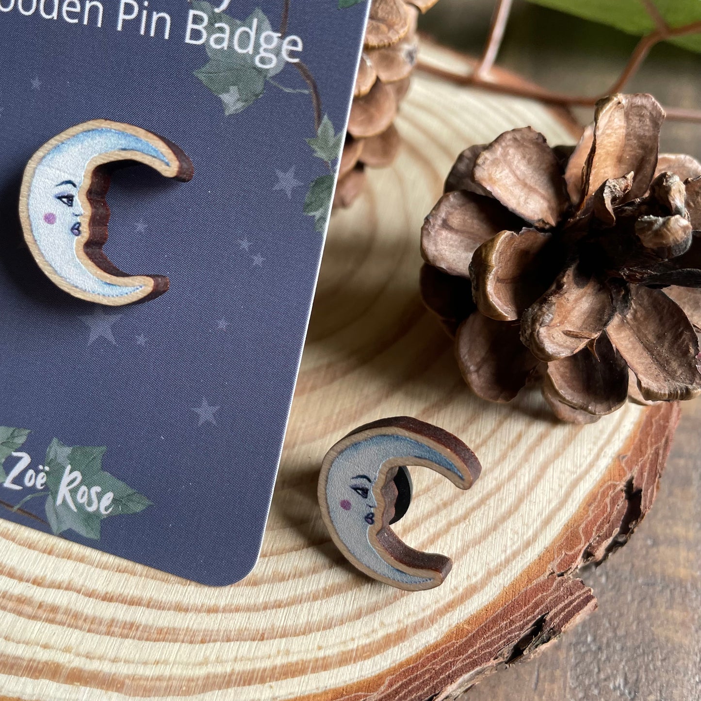 Moon Wooden Pin Badge