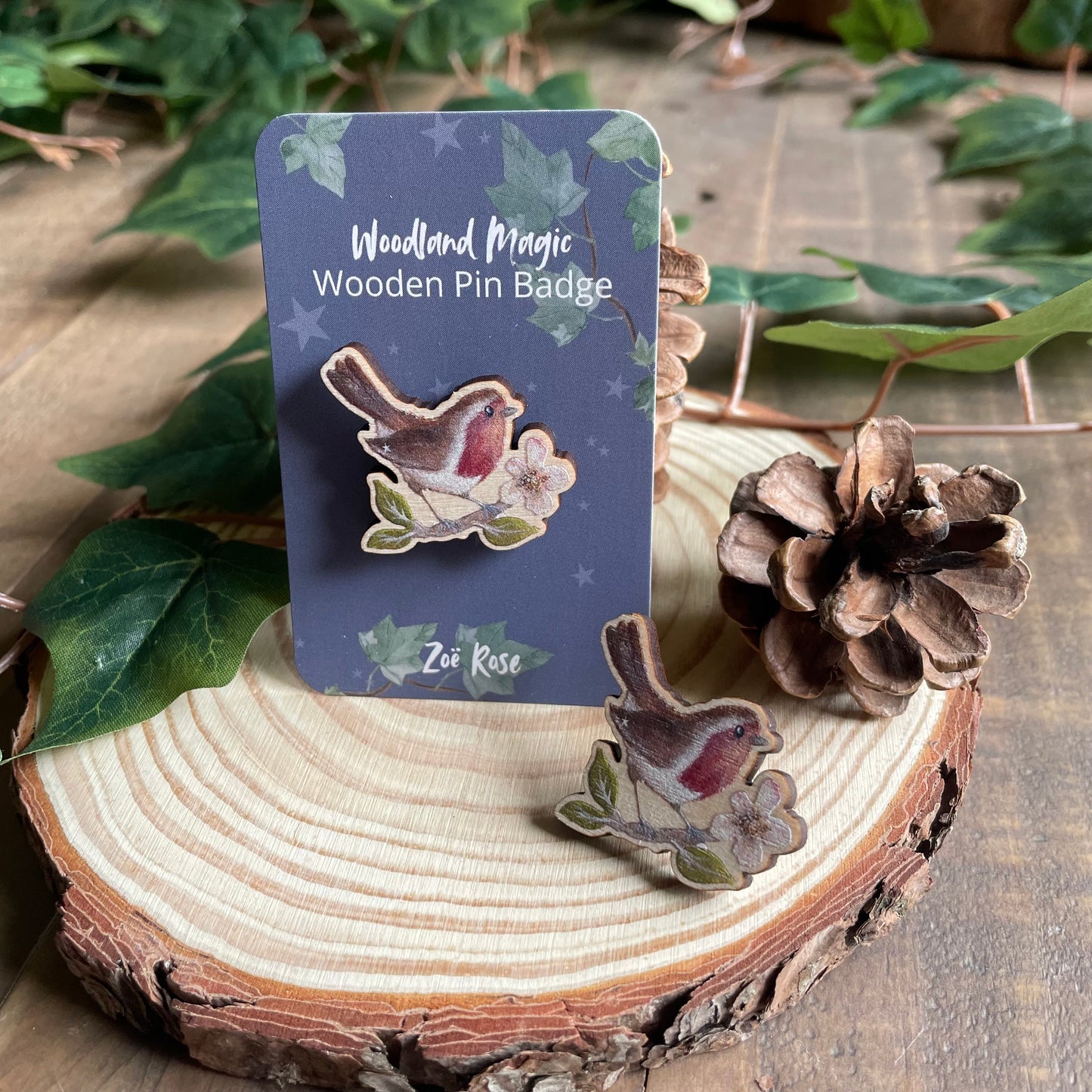 Robin Wooden Pin Badge