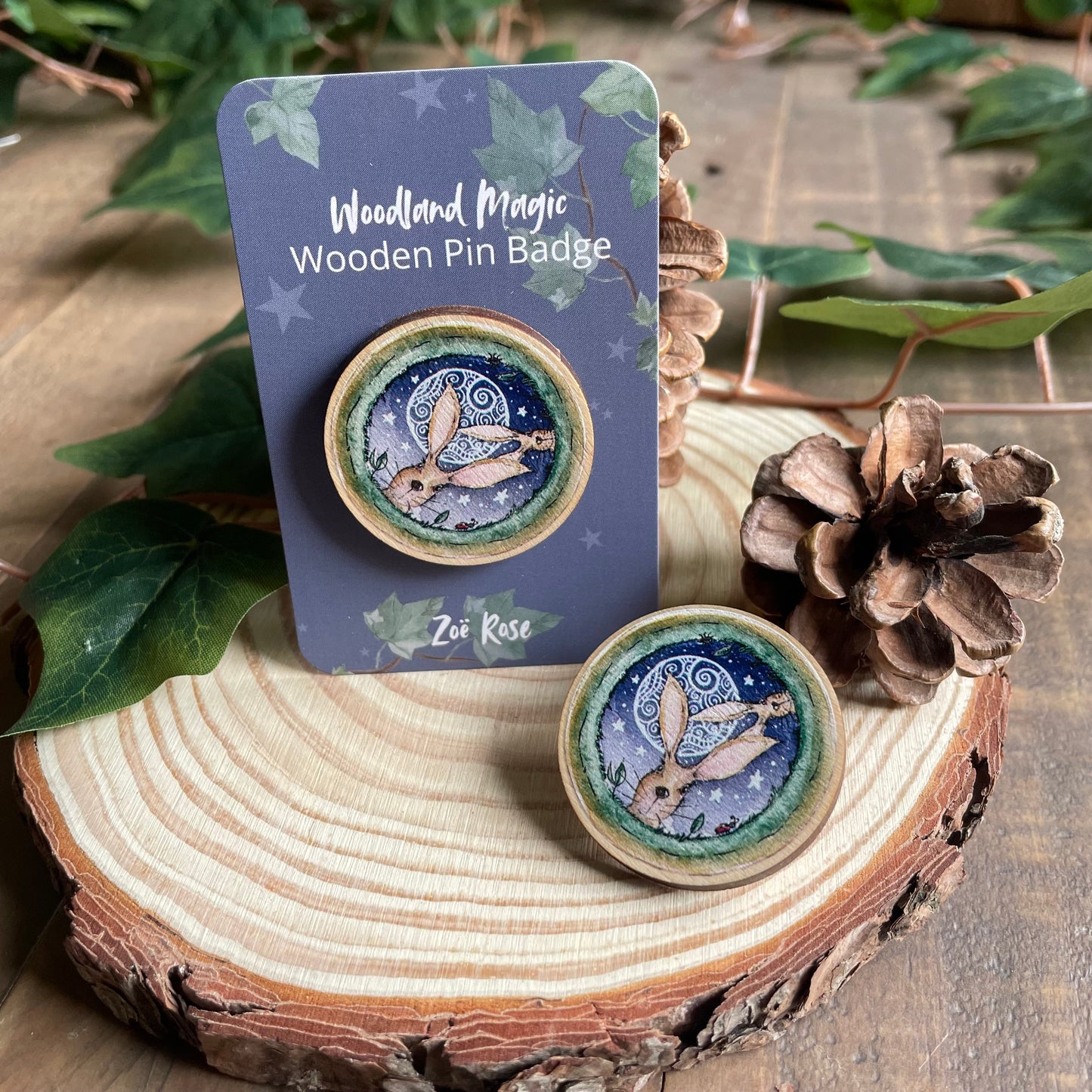 Hare Wooden Pin Badge | Moonlight Hares