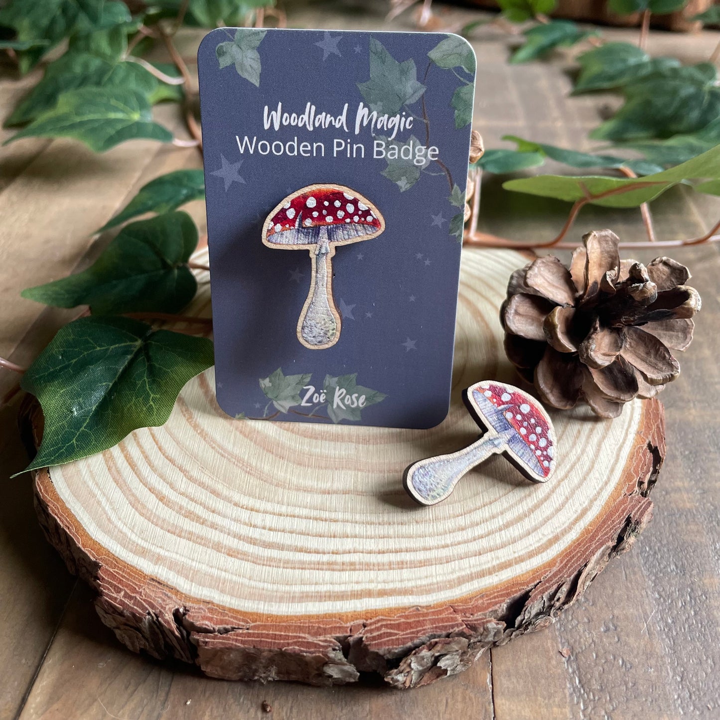 Toadstool Wooden Pin Badge | Red Toadstool
