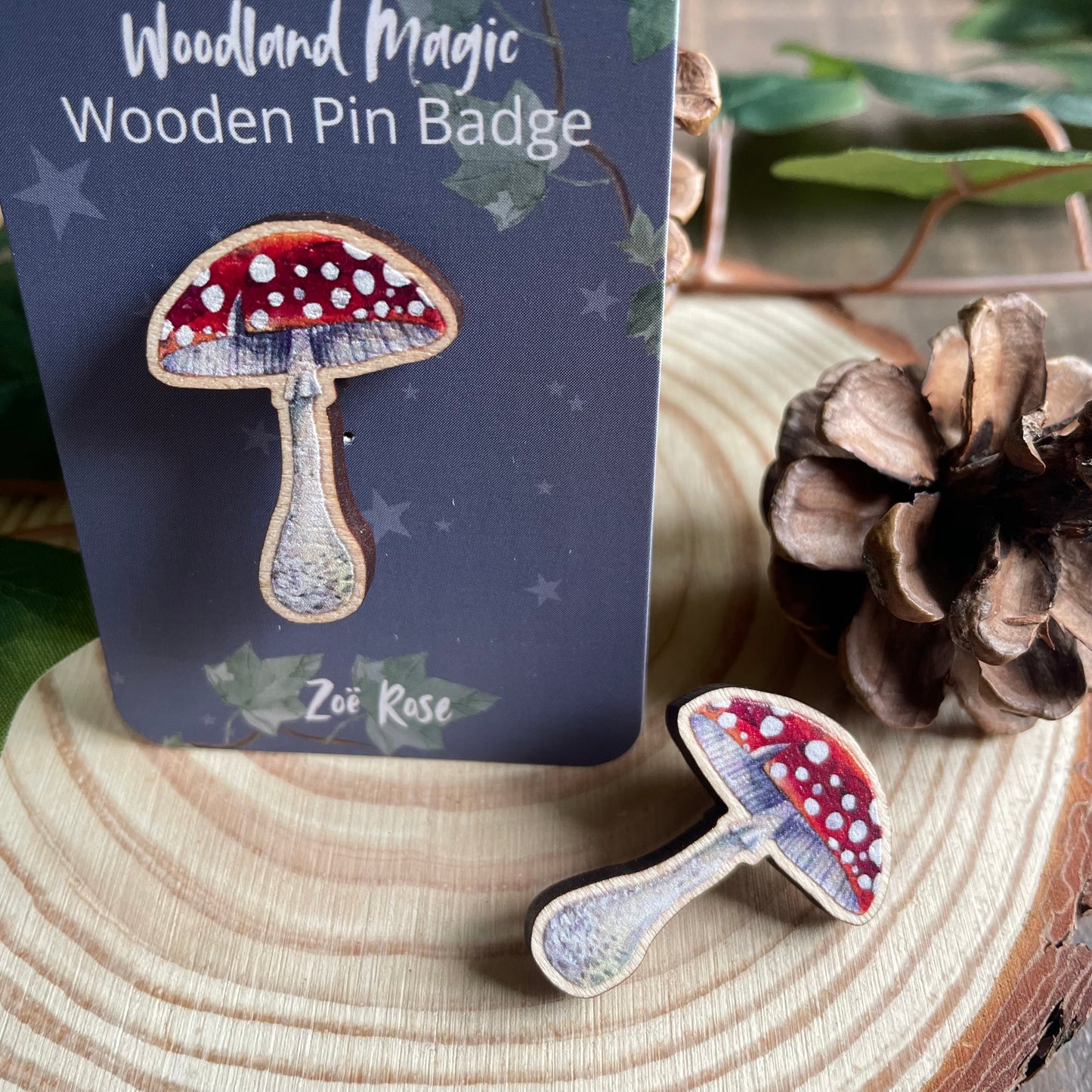 Toadstool Wooden Pin Badge | Red Toadstool