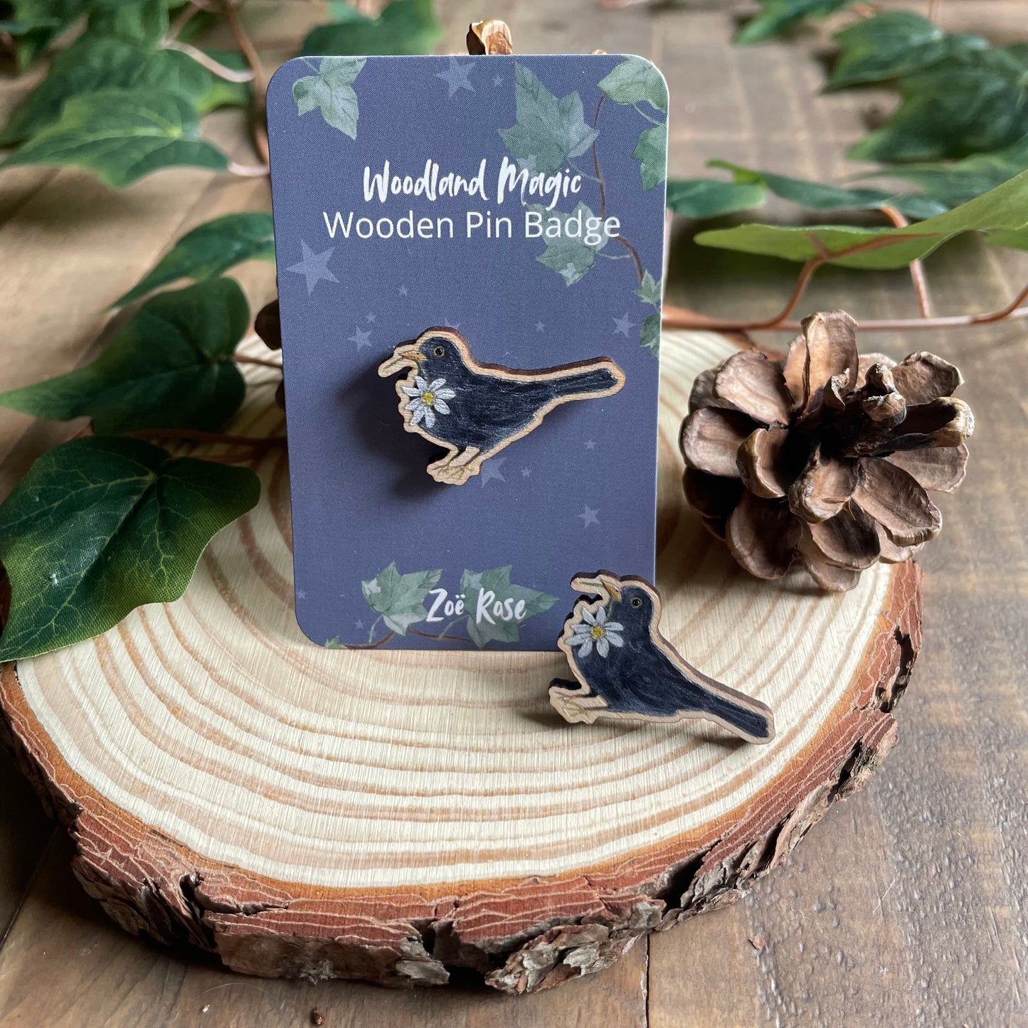 Blackbird Wooden Pin Badge | Mort