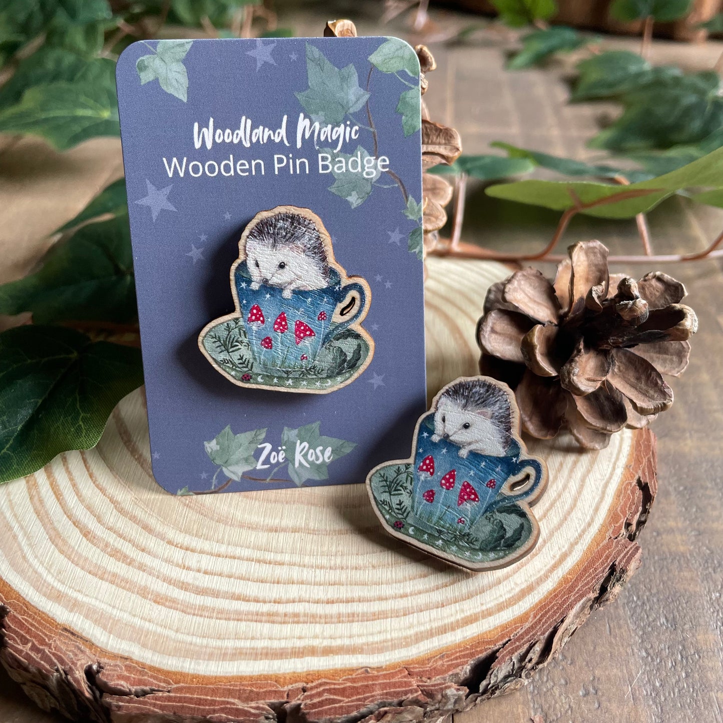 Hedgehog Wooden Pin Badge | Woodland Tea