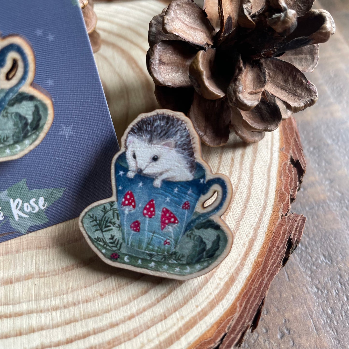 Hedgehog Wooden Pin Badge | Woodland Tea