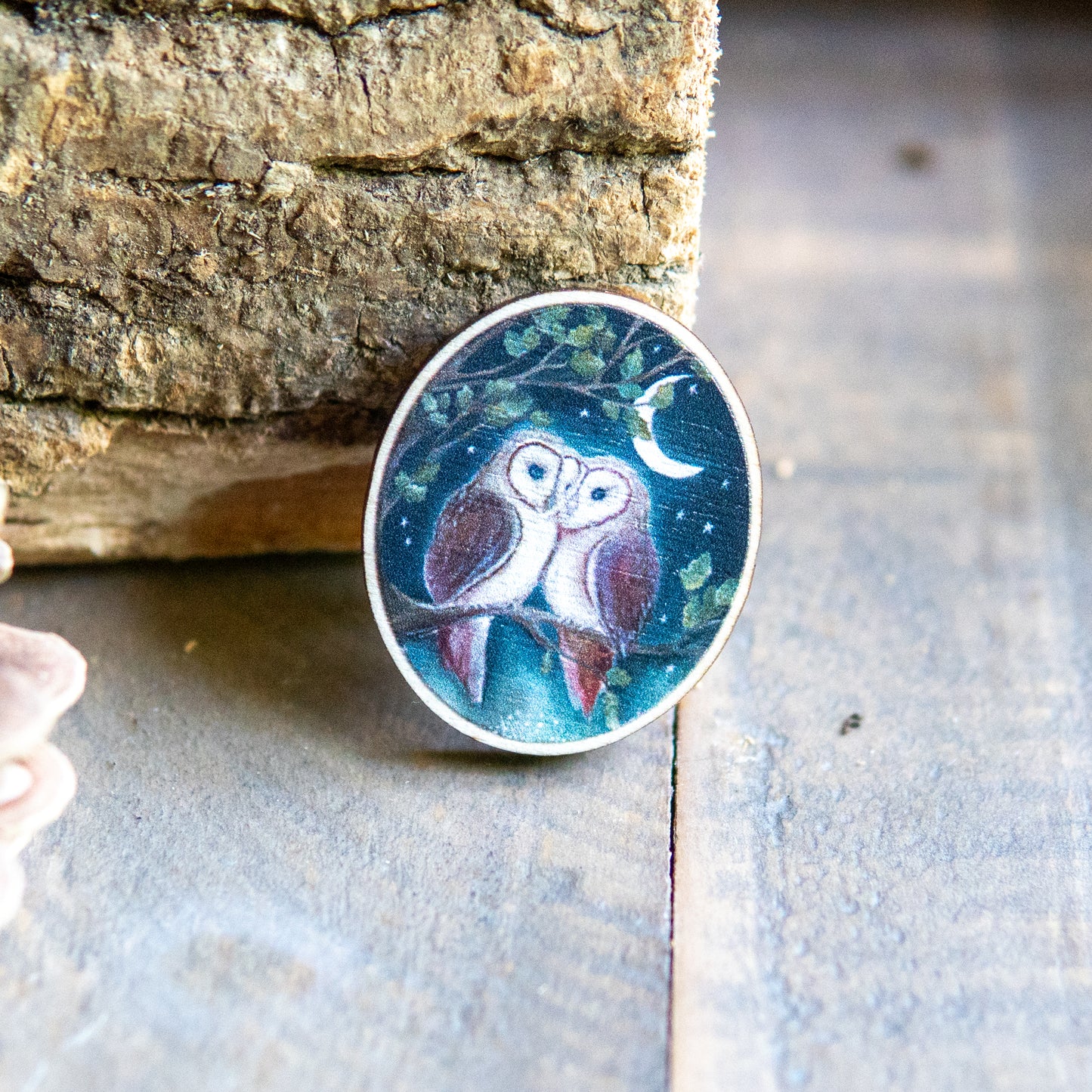 Guardian Owls Wooden Pin Badge