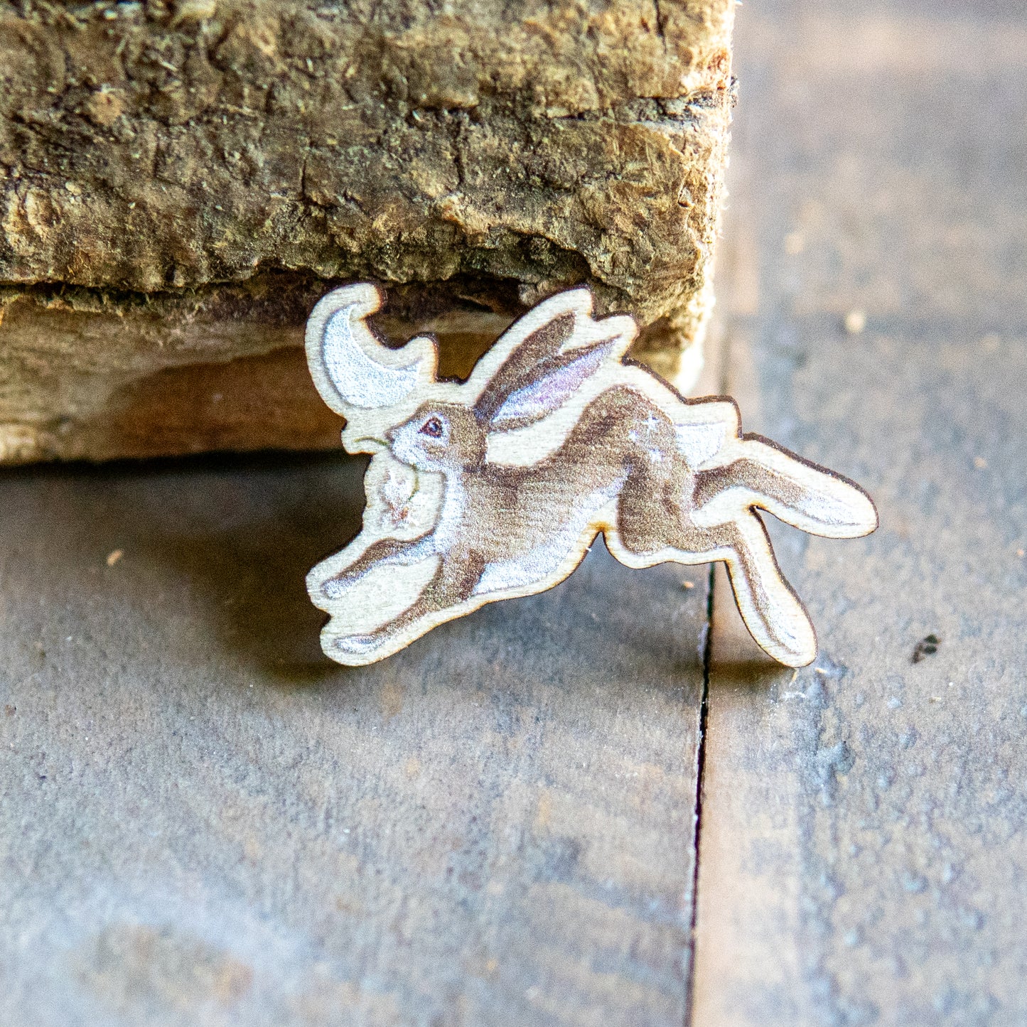 Leaping Hare Wooden Pin Badge