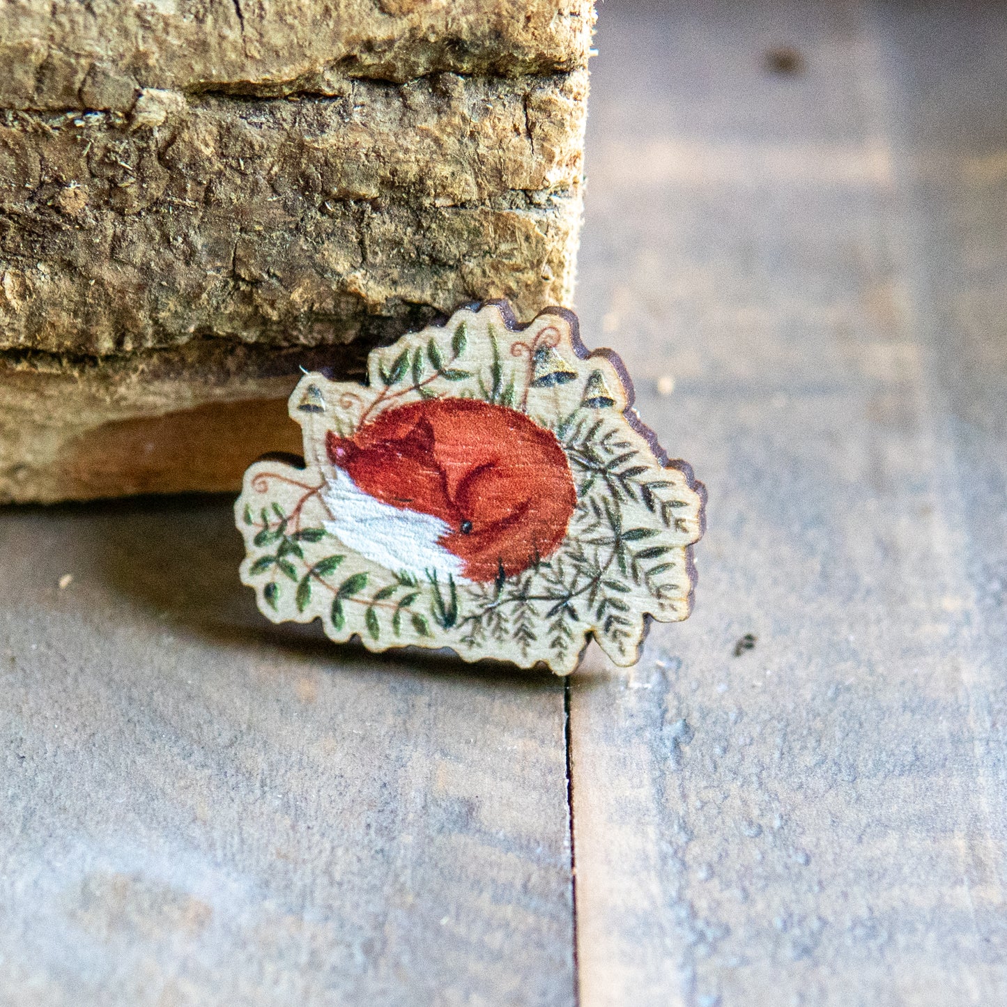 Fox Nest Wooden Pin Badge