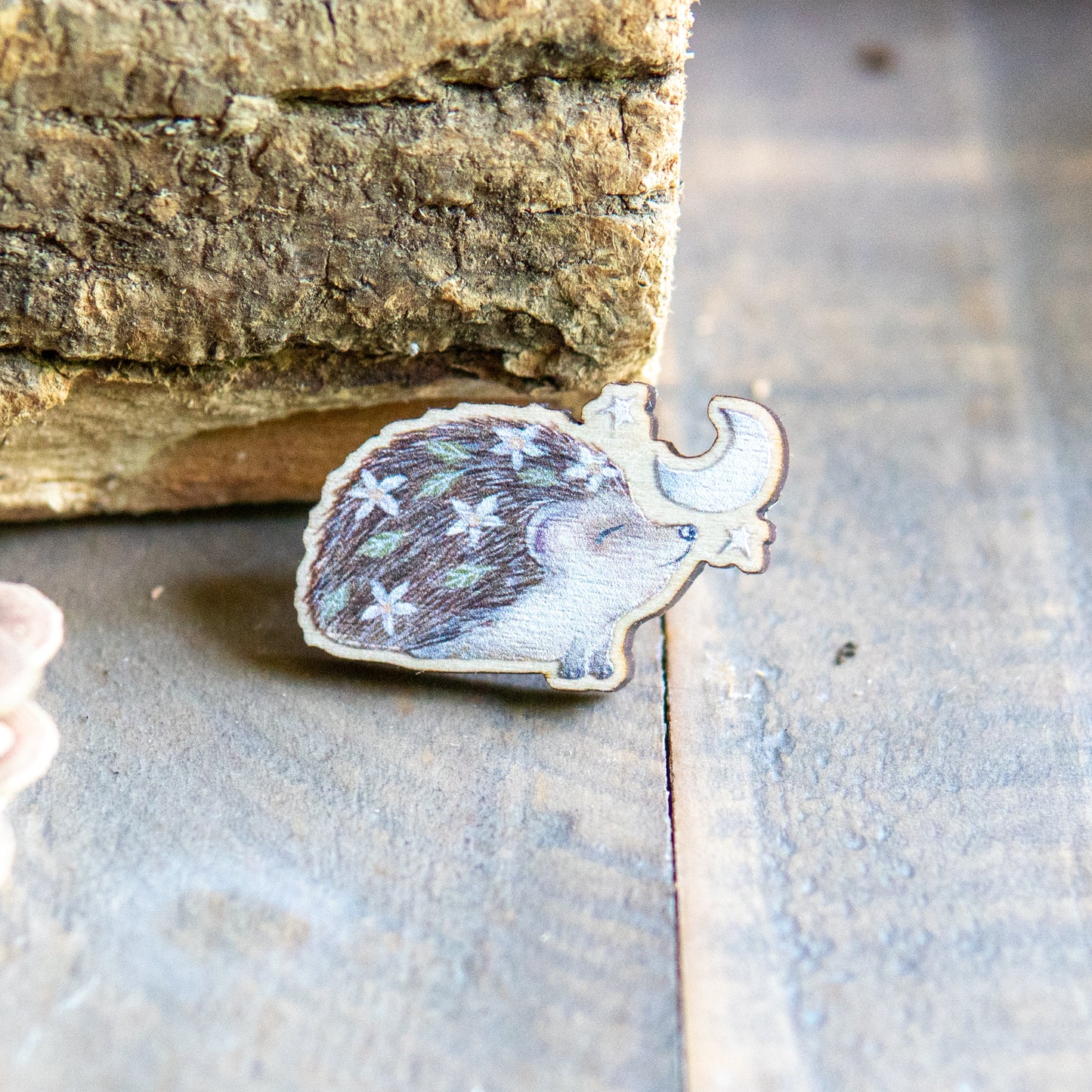 Hedgehog Moon Wooden Pin Badge