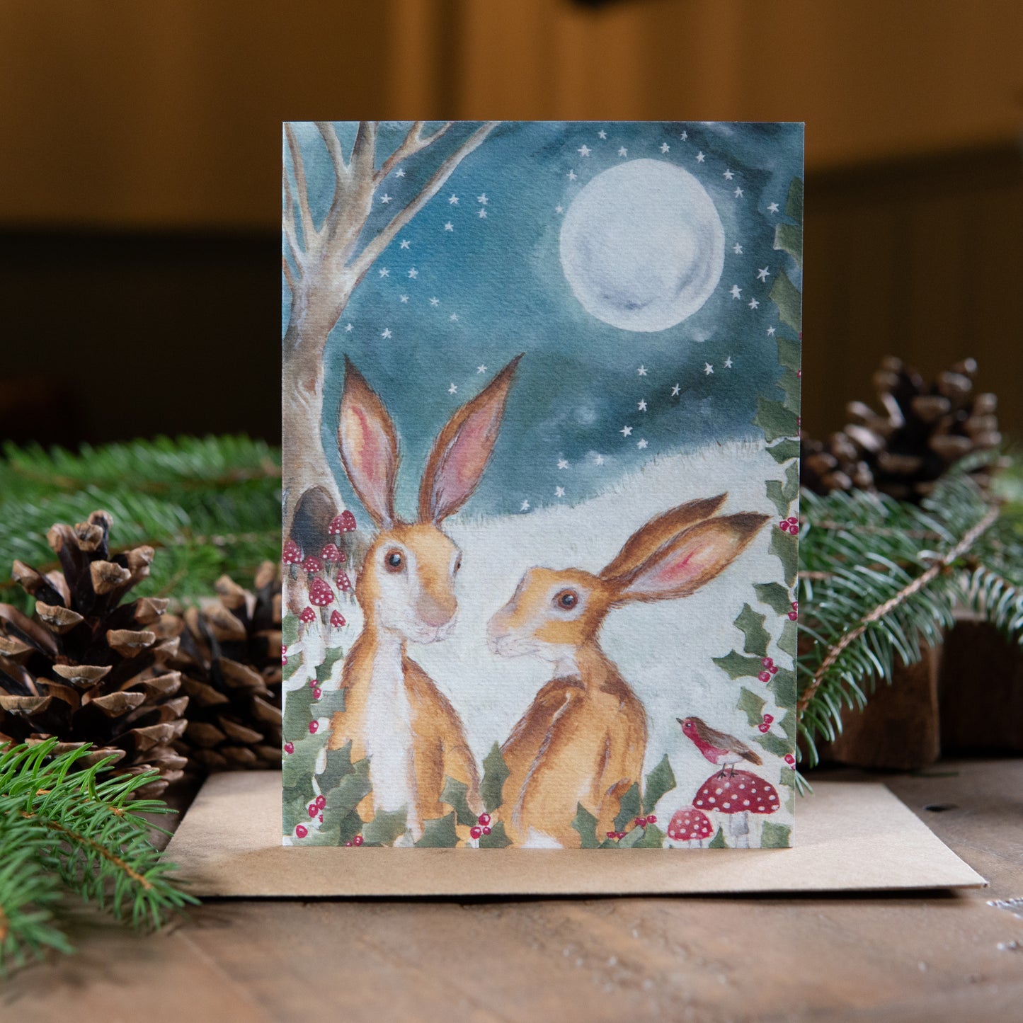 Holly Hares Card | Woodland Animal Festive Card | Hares Christmas Card