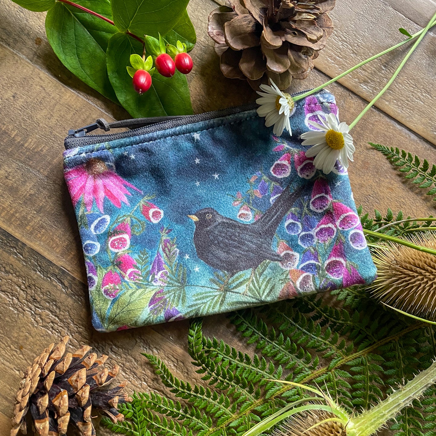 Starry Skies | Blackbird Watercolour Velvet Coin Purse