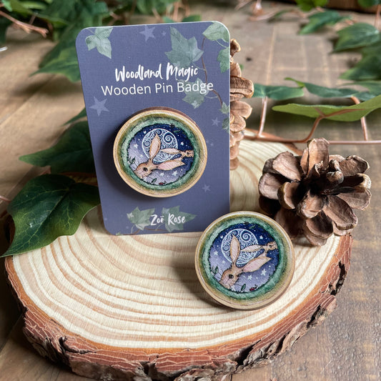 Hare Wooden Pin Badge | Moonlight Hares