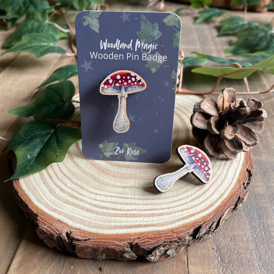 Toadstool Wooden Pin Badge | Red Toadstool
