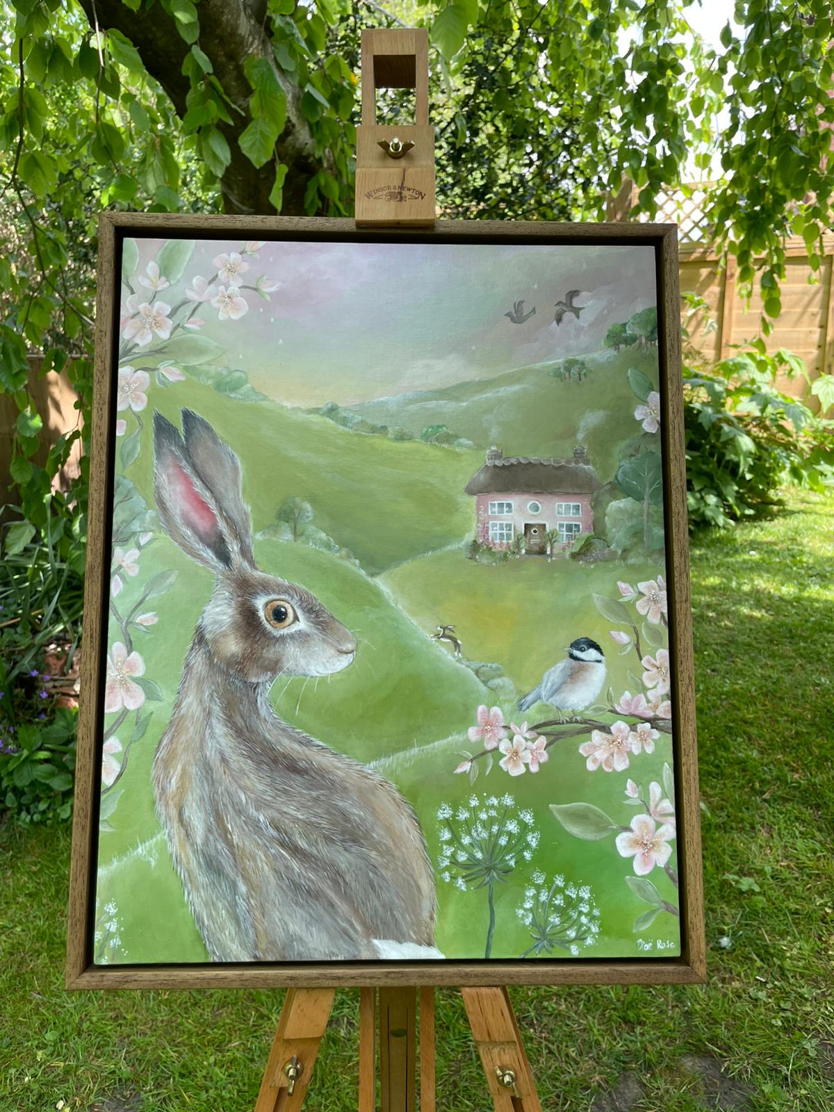 Rose Cottage | Hare & Coal Tit | Framed Original Canvas