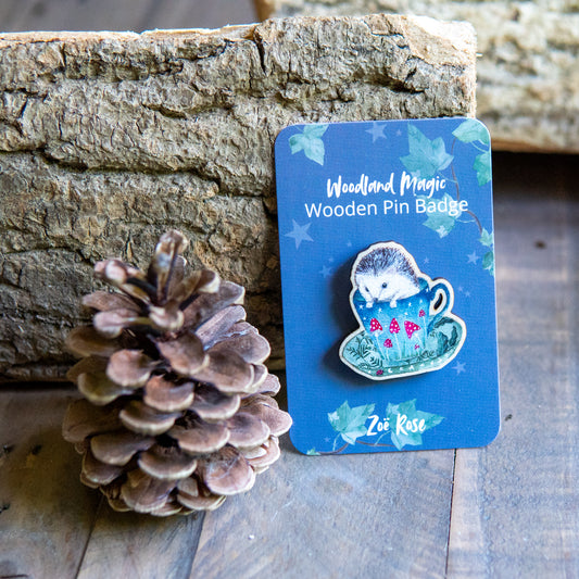 Hedgehog Teacup Wooden Pin Badge