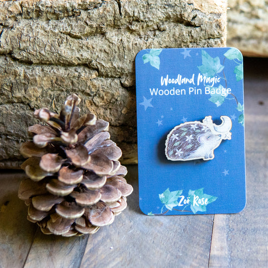 Hedgehog Moon Wooden Pin Badge