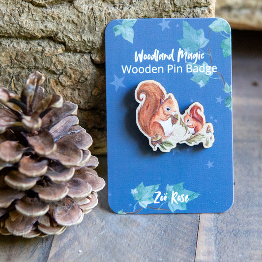 Squirrels Wooden Pin Badge