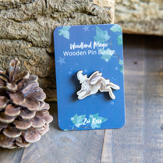 Leaping Hare Wooden Pin Badge