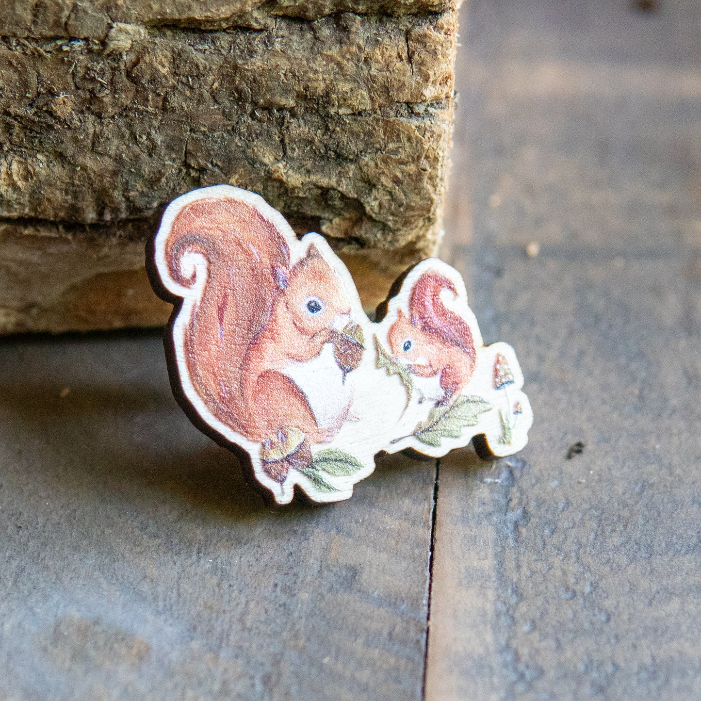 Squirrels Wooden Pin Badge