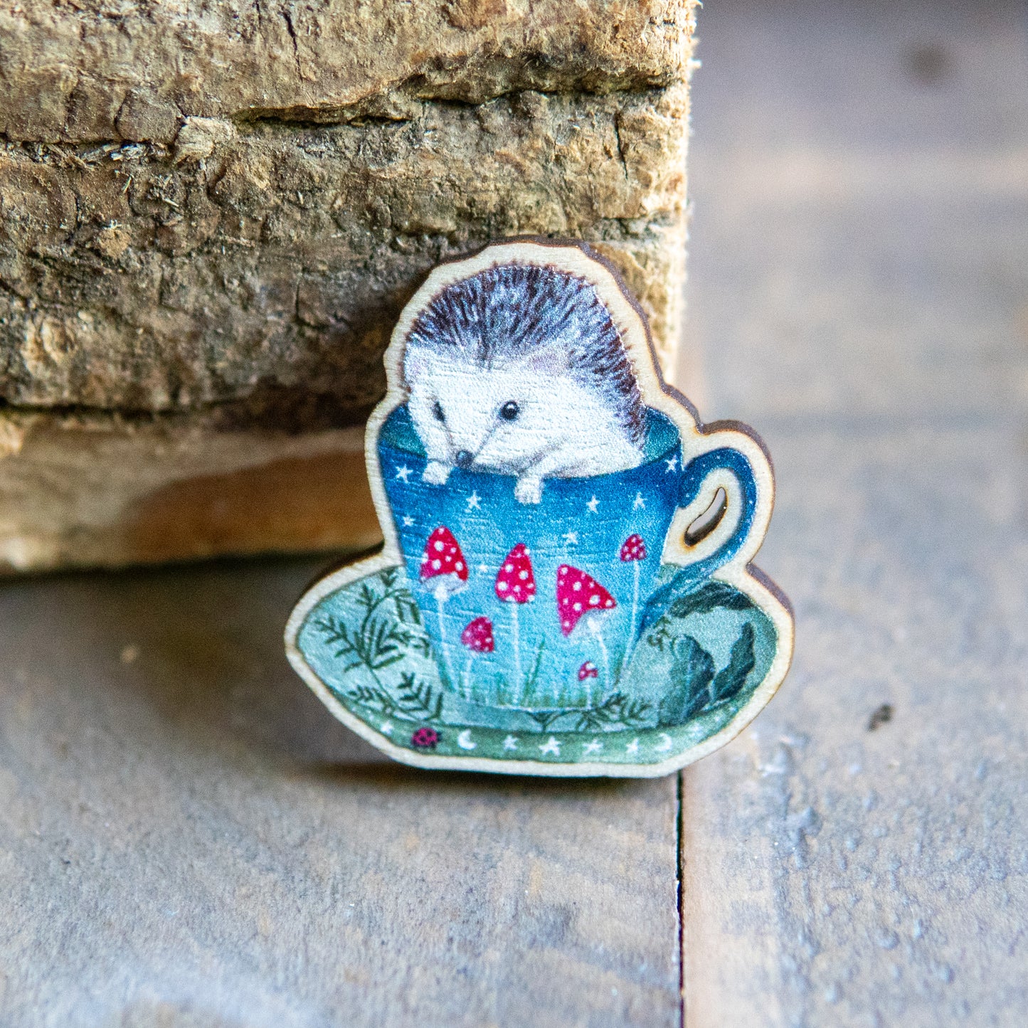 Hedgehog Teacup Wooden Pin Badge