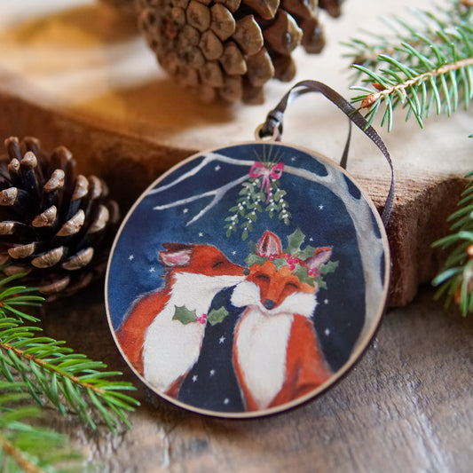 Yule Kiss | Foxes Tree Ornament | Whimsical Fox Festive Decoration