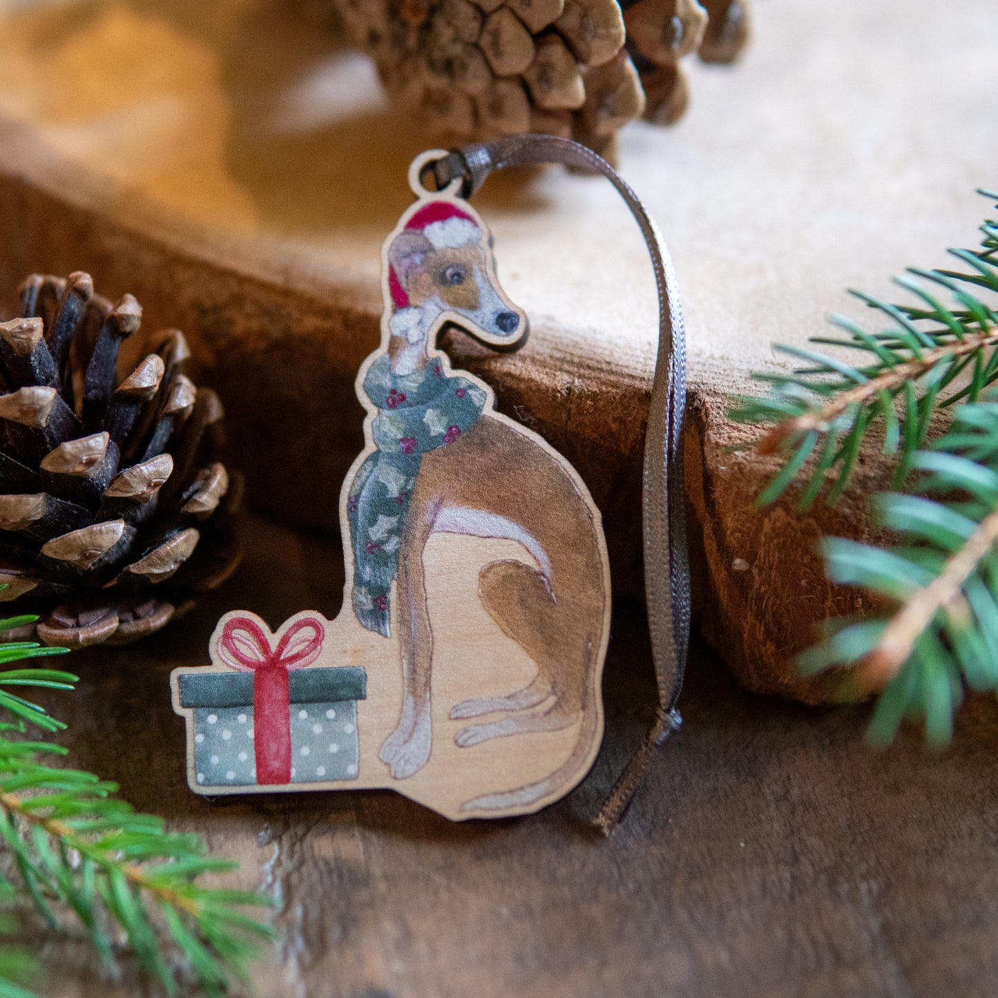 Wrapped up | Whippet Tree Ornament | Whimsical Whippet Festive Decoration