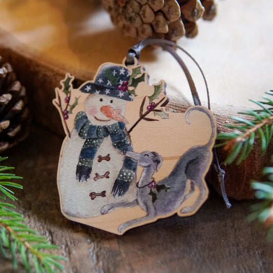 Twiggy & The Snowman | Whippet Tree Ornament | Whimsical Whippet Festive Decoration