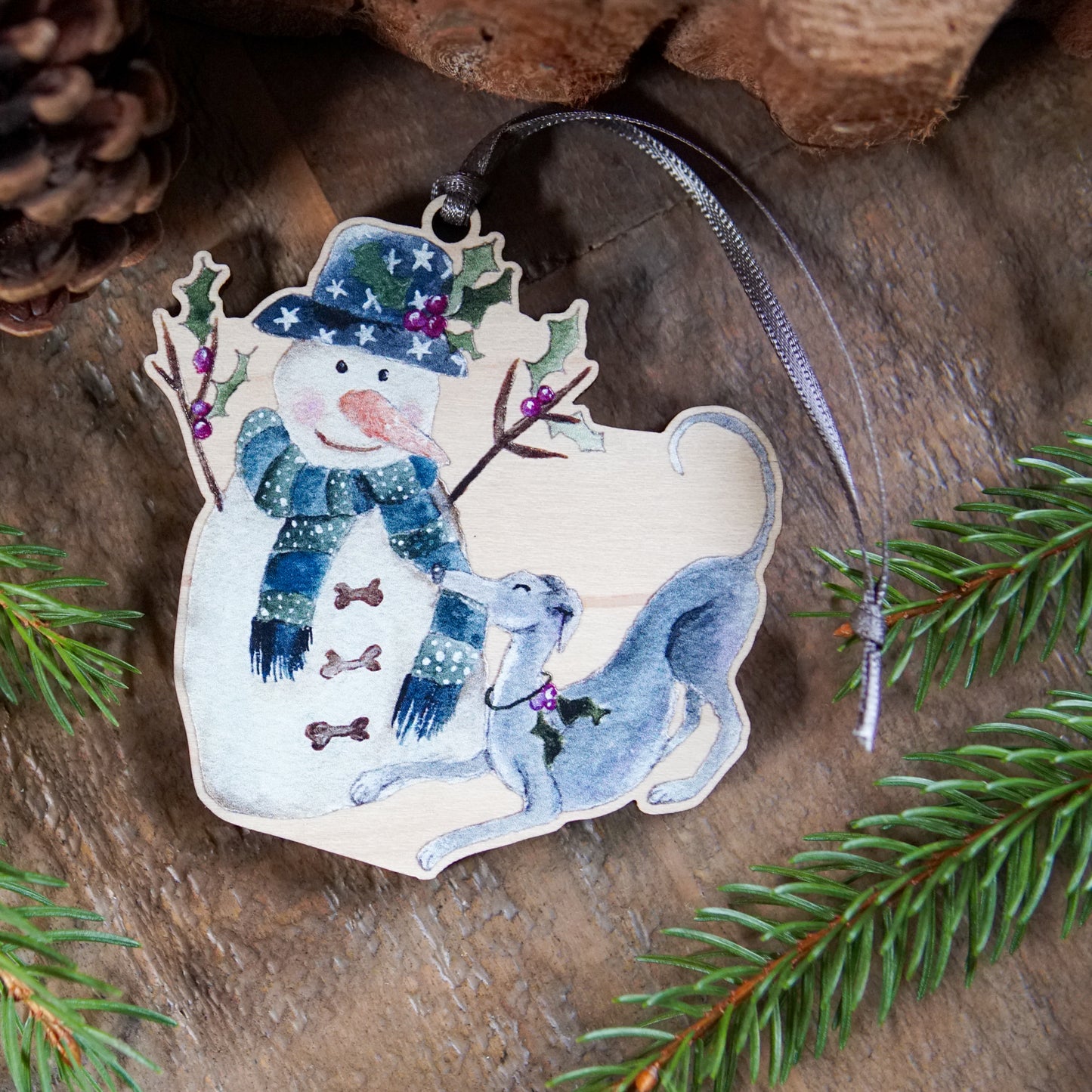 Twiggy & The Snowman | Whippet Tree Ornament | Whimsical Whippet Festive Decoration