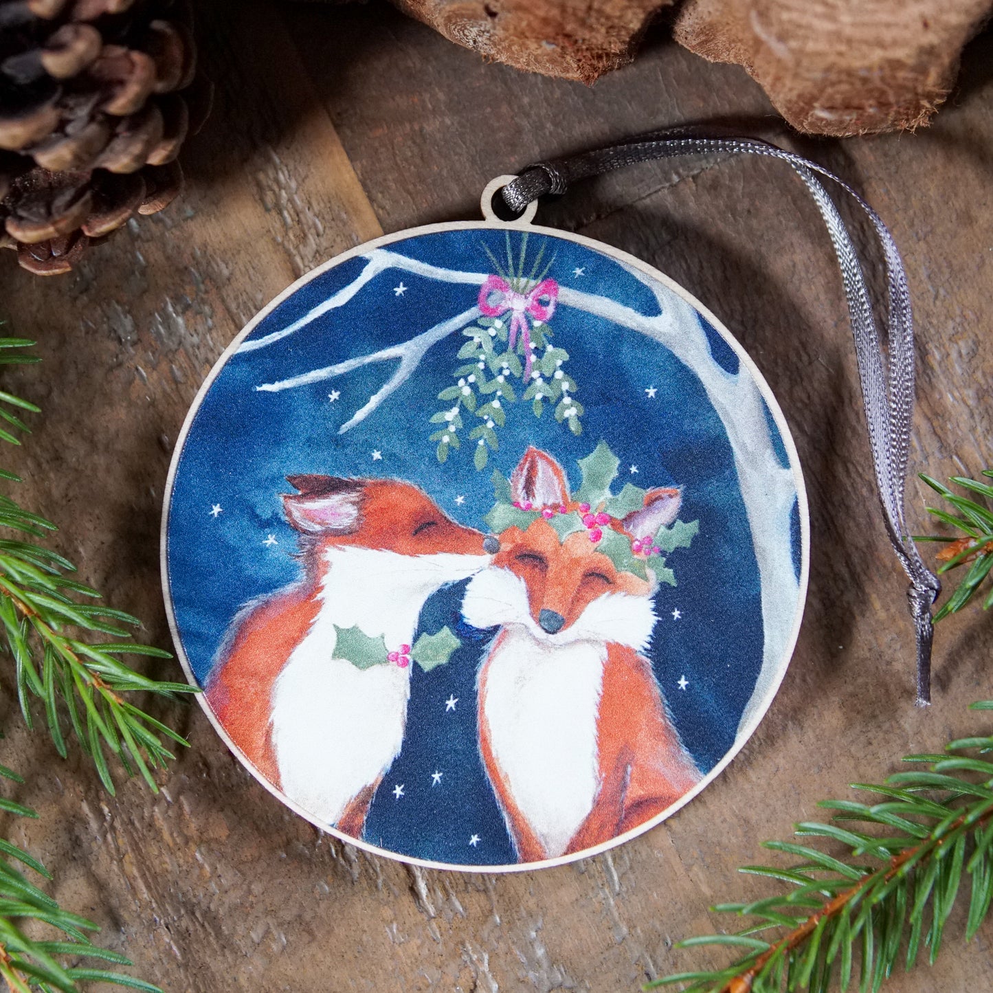 Yule Kiss | Foxes Tree Ornament | Whimsical Fox Festive Decoration