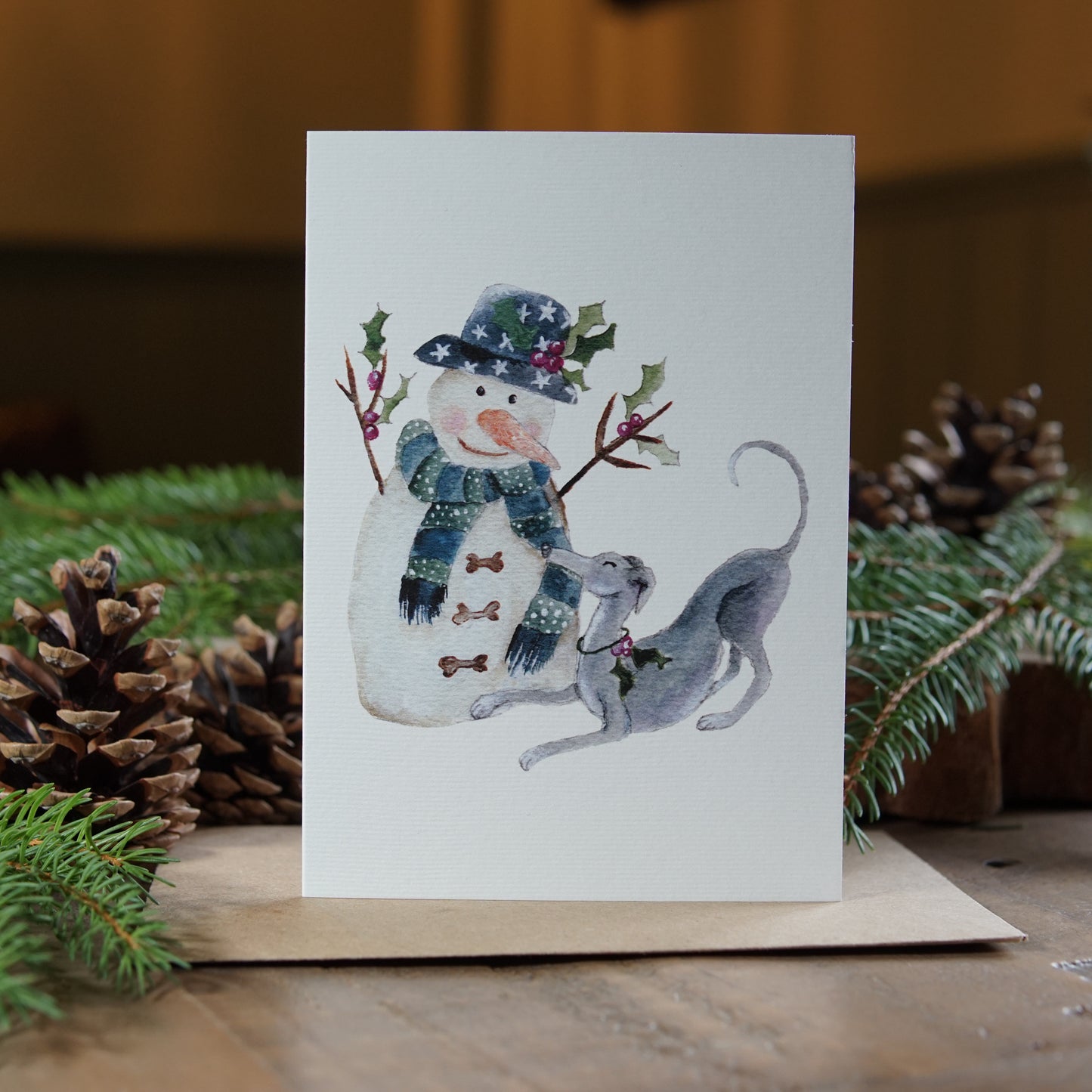 Twiggy & The Snowman Card | Whippet Christmas Card