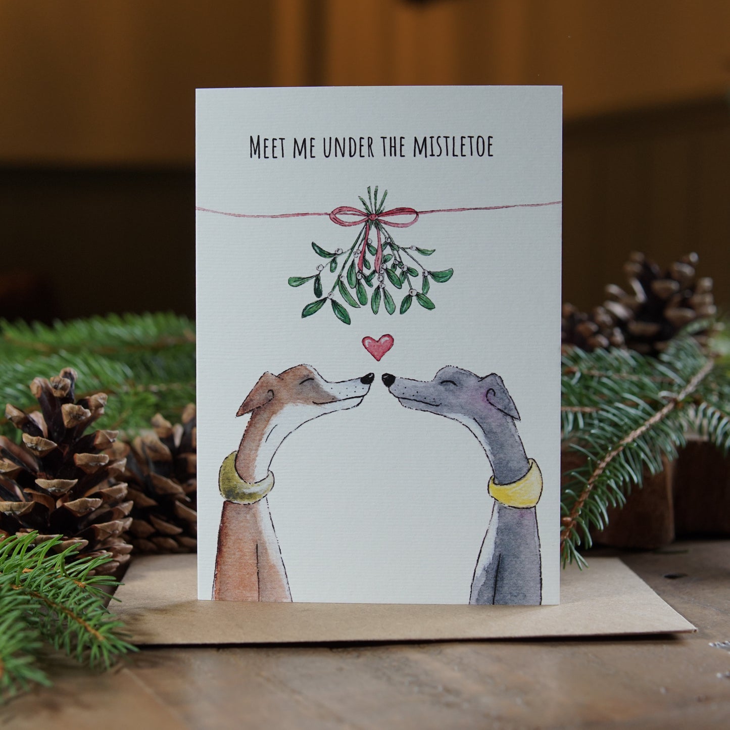 Meet me under the Mistletoe Card | Whippet Christmas Card | Sighthound Card