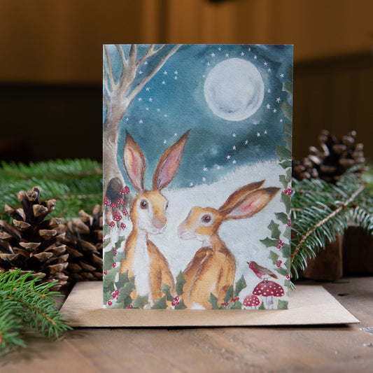 Holly Hares Card | Woodland Animal Festive Card | Hares Christmas Card
