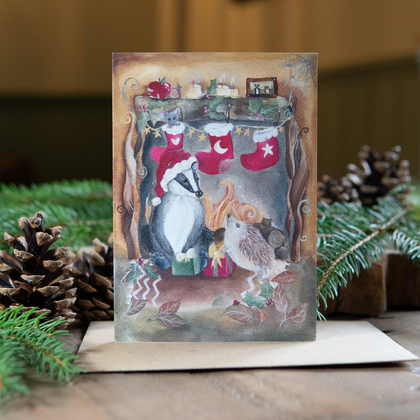 Fireside Card | Woodland Animal Christmas Card | Festive Badger and Hedgehog