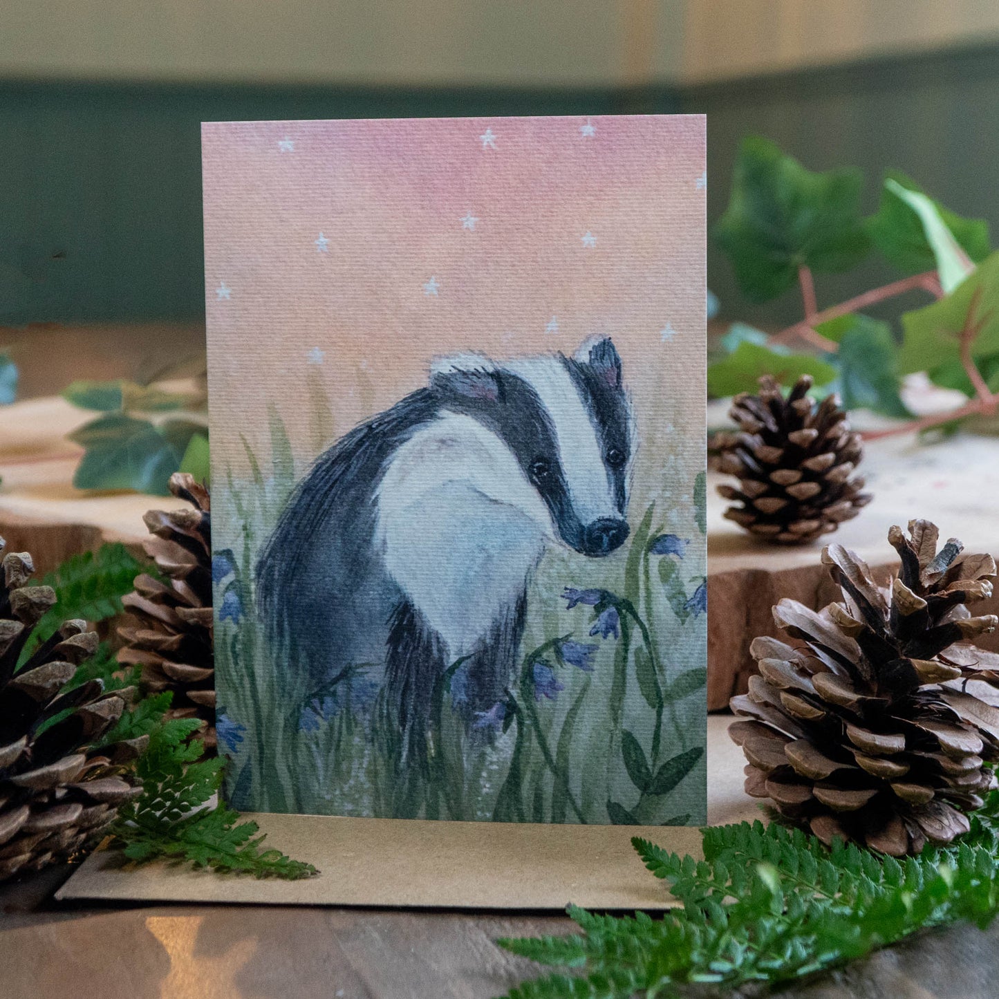 Whimsical Badger Greeting Card |Bluebells |  Everyday and Birthday Greeting Card