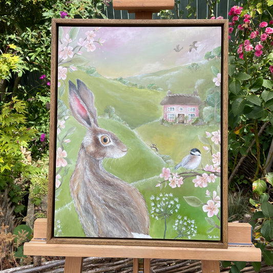 Hare, coal tit and apple blossom beside Rose Cottage in a framed original painting

