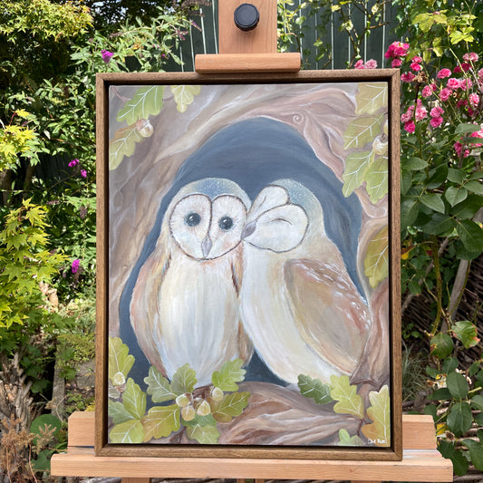 Barn owls amongst oak trees in the framed original Owls of Oakfrith Wood
