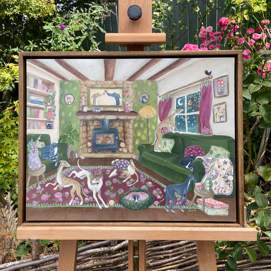Wiltshire cottage filled with whippets in the Whippet Cottage original painting
